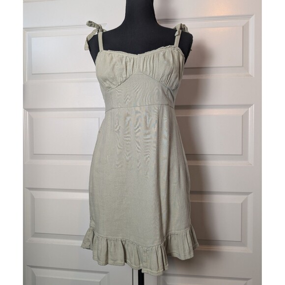 Hollister Size S Y2K Sundress Smocked Linen Blend Tie Straps Ruffle Boho Cottage - Picture 2 of 12